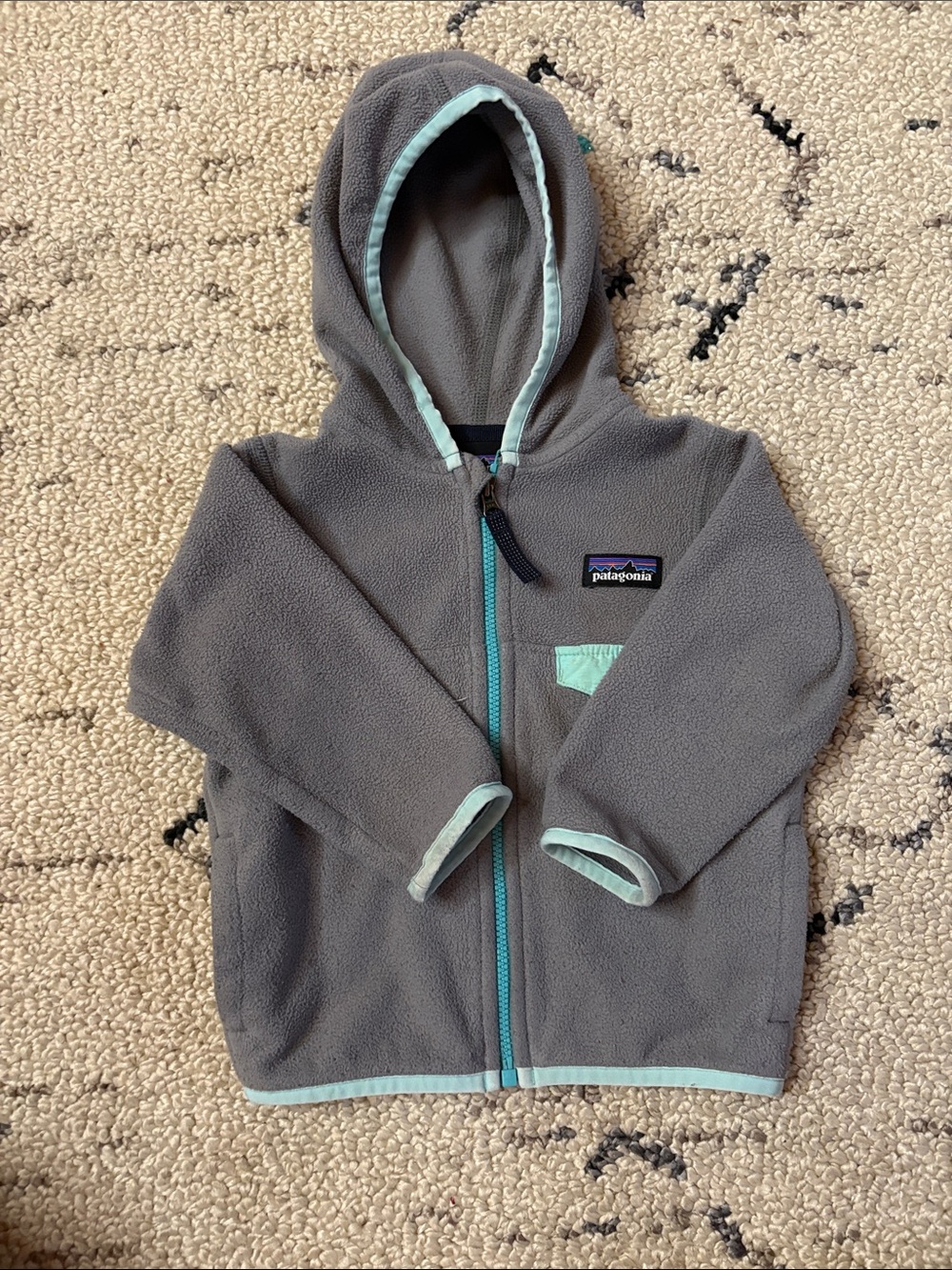 Patagonia Kids' Gray Fleece Hoodie with Mint Trim 6-12m